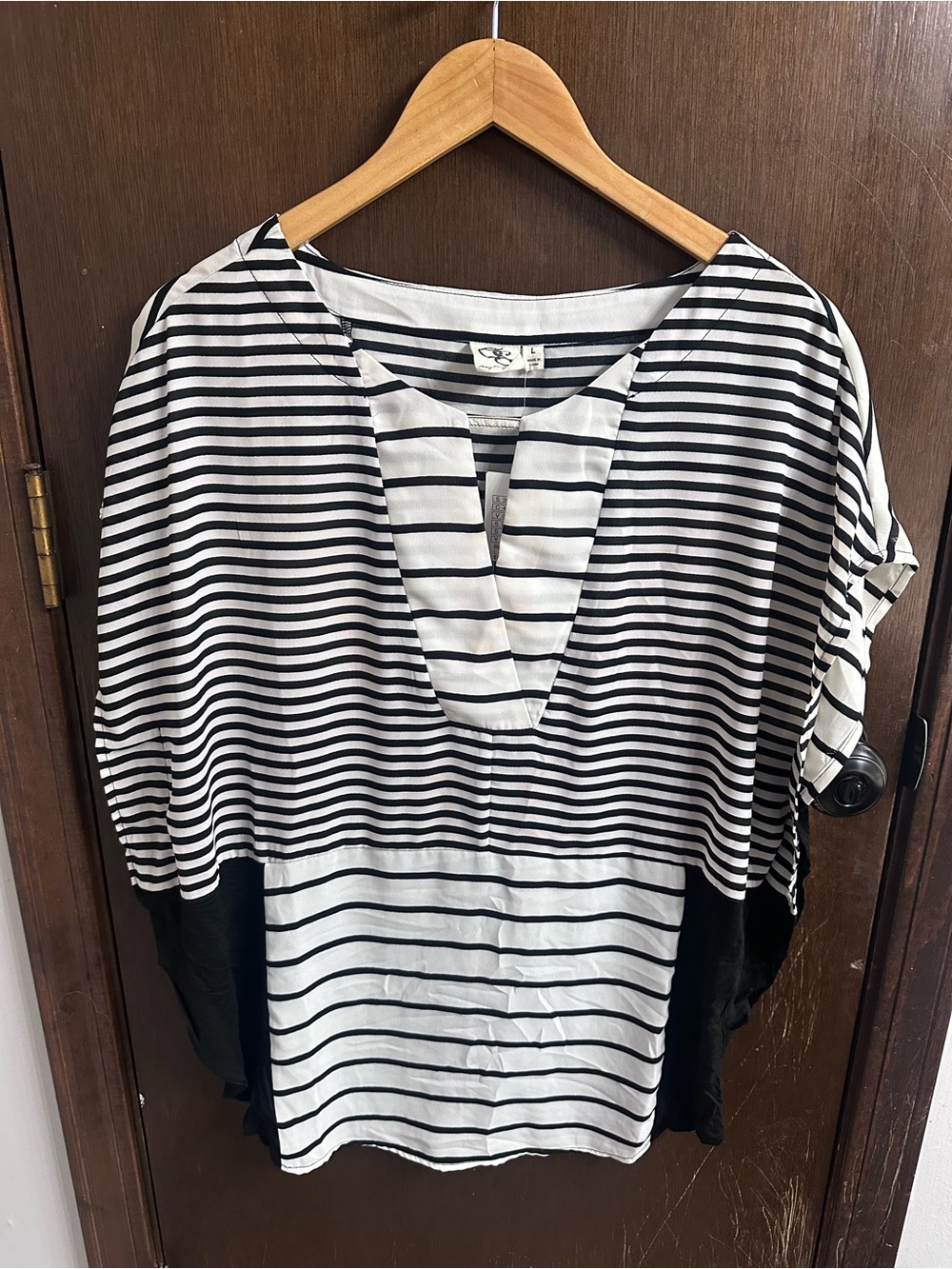 Anthropologie One September Black & White Striped V-Neck Women's Top